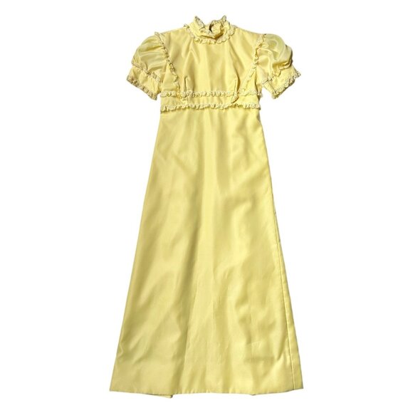 70s vintage victorian puff sleeve dress lace ruffle empire waist maxi mockneck. - Picture 3 of 12